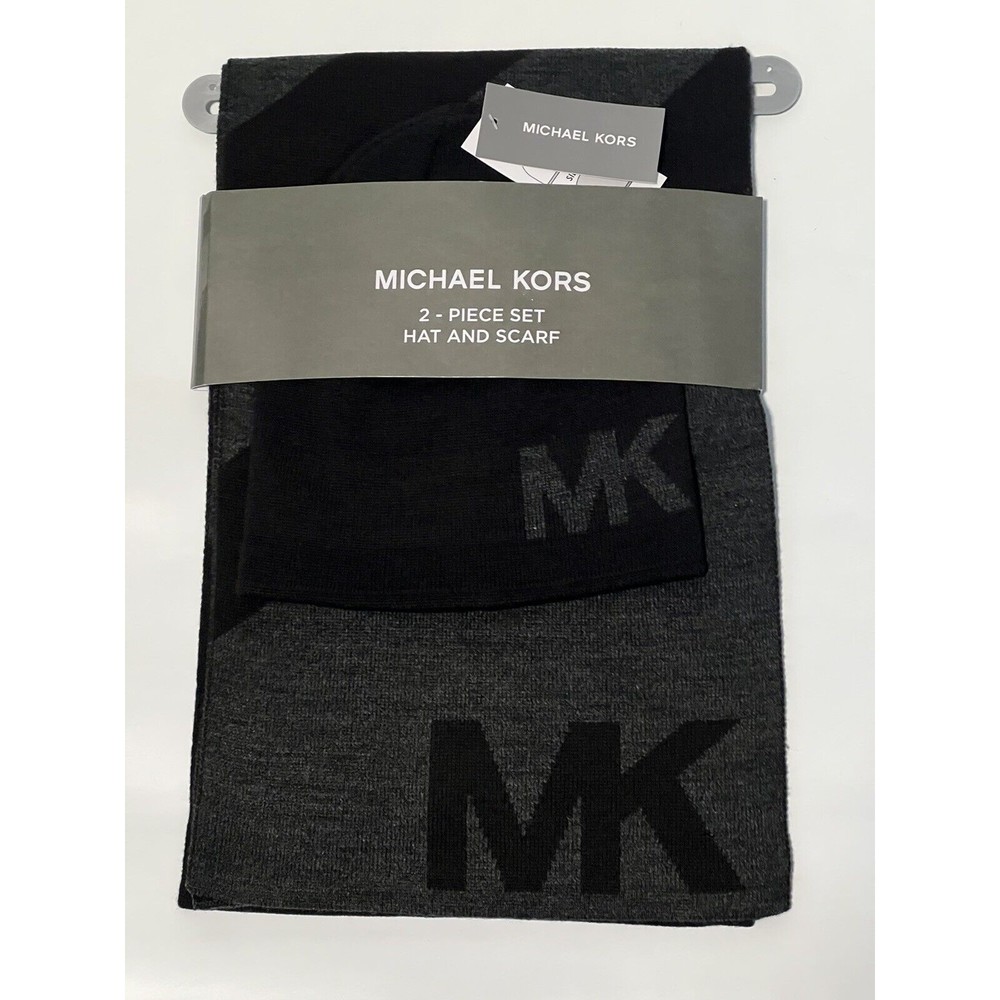 Michael Kors Mens MK Logo Scarf and Hat/Beanie Set Grey Black Gift Set